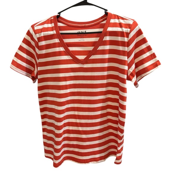 Pact Tops - Pact Softspun V-Neck Tee in Palisade (Red-Orange & White Stripes). Size S. NWT